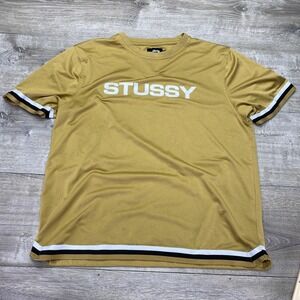 Stussy Shirt Mens Large Yellow Logo Jersey Short Sleeve Striped Graphic Tee
